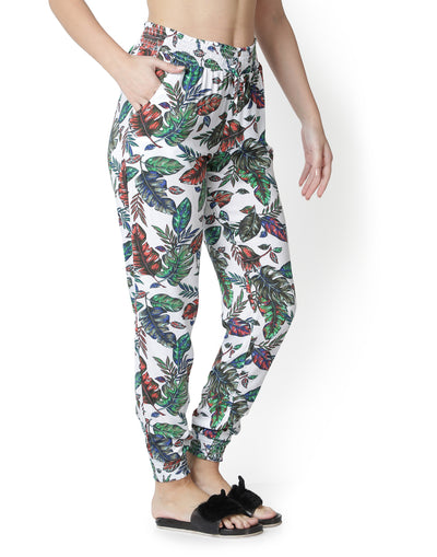 Lounge Pant for Women-Tropical Leaf Print Smocking