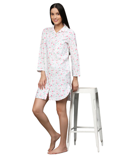 Night Shirt for Women-White Floral Print