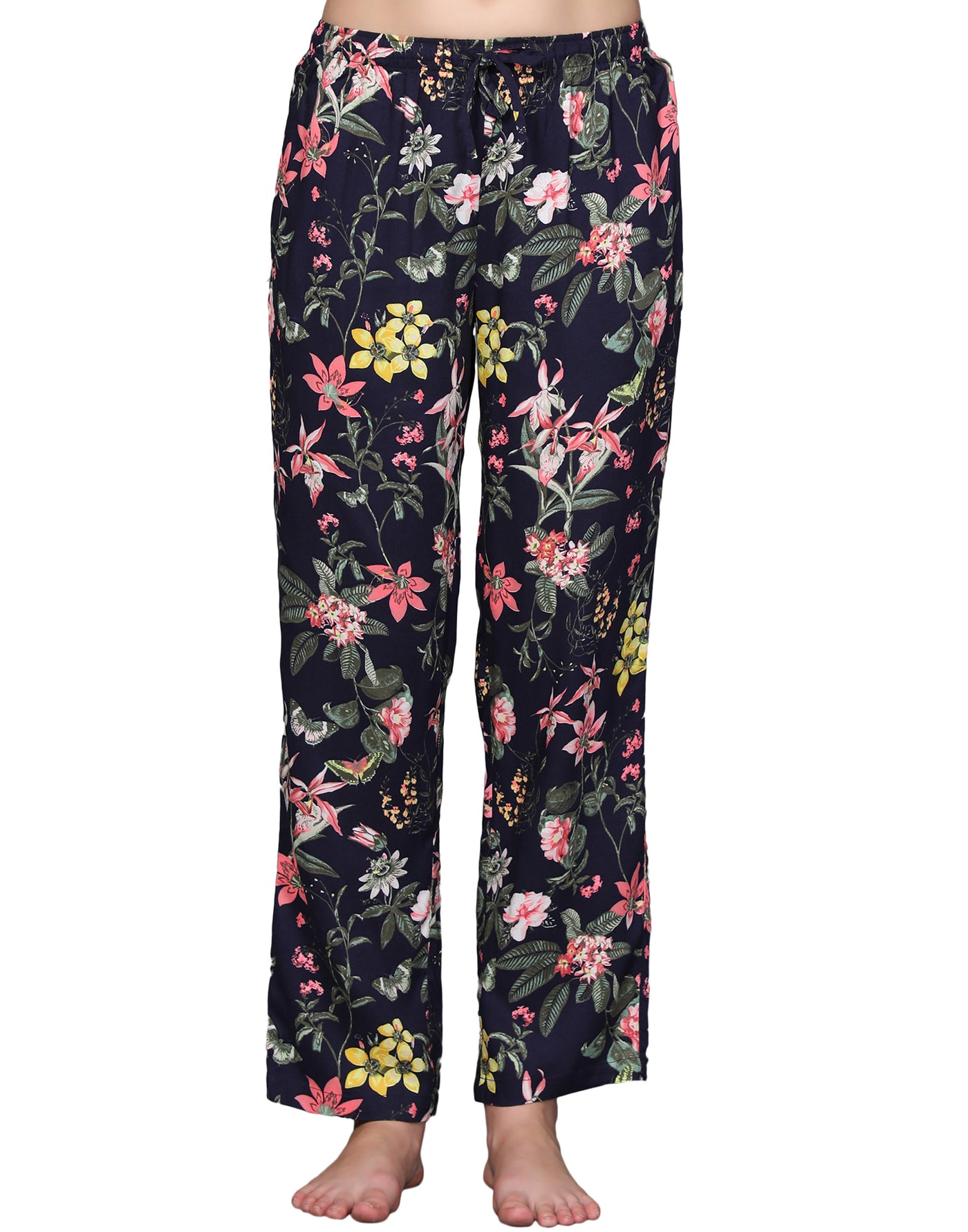 Night Suit Set for Women-Navy Butterfly Floral Print