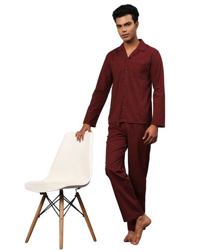 Pyjama Set for Men-Maroon Mono Ethic Print