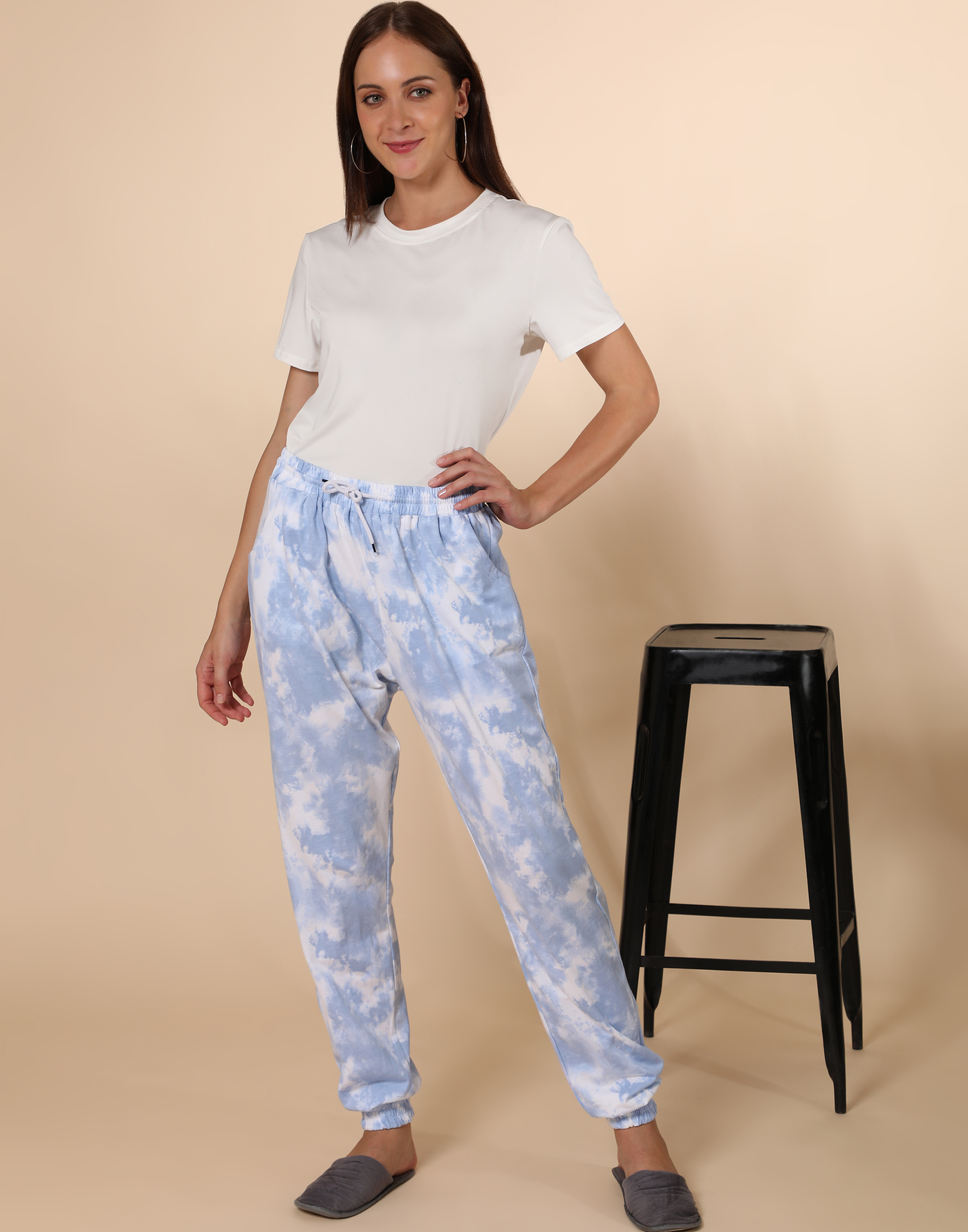 Lounge Pant for Women-Blue Tye & Dye Cuff