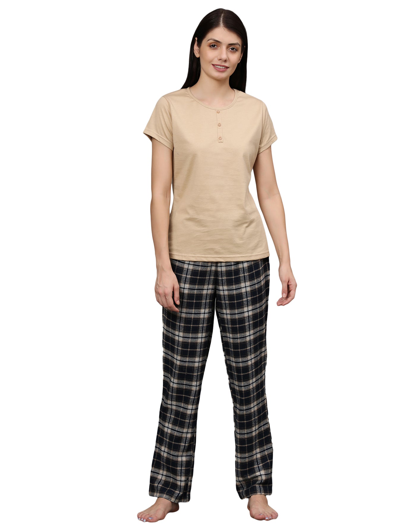 Pyjama Set for Women-Beige T-Shirt & Checked Pant