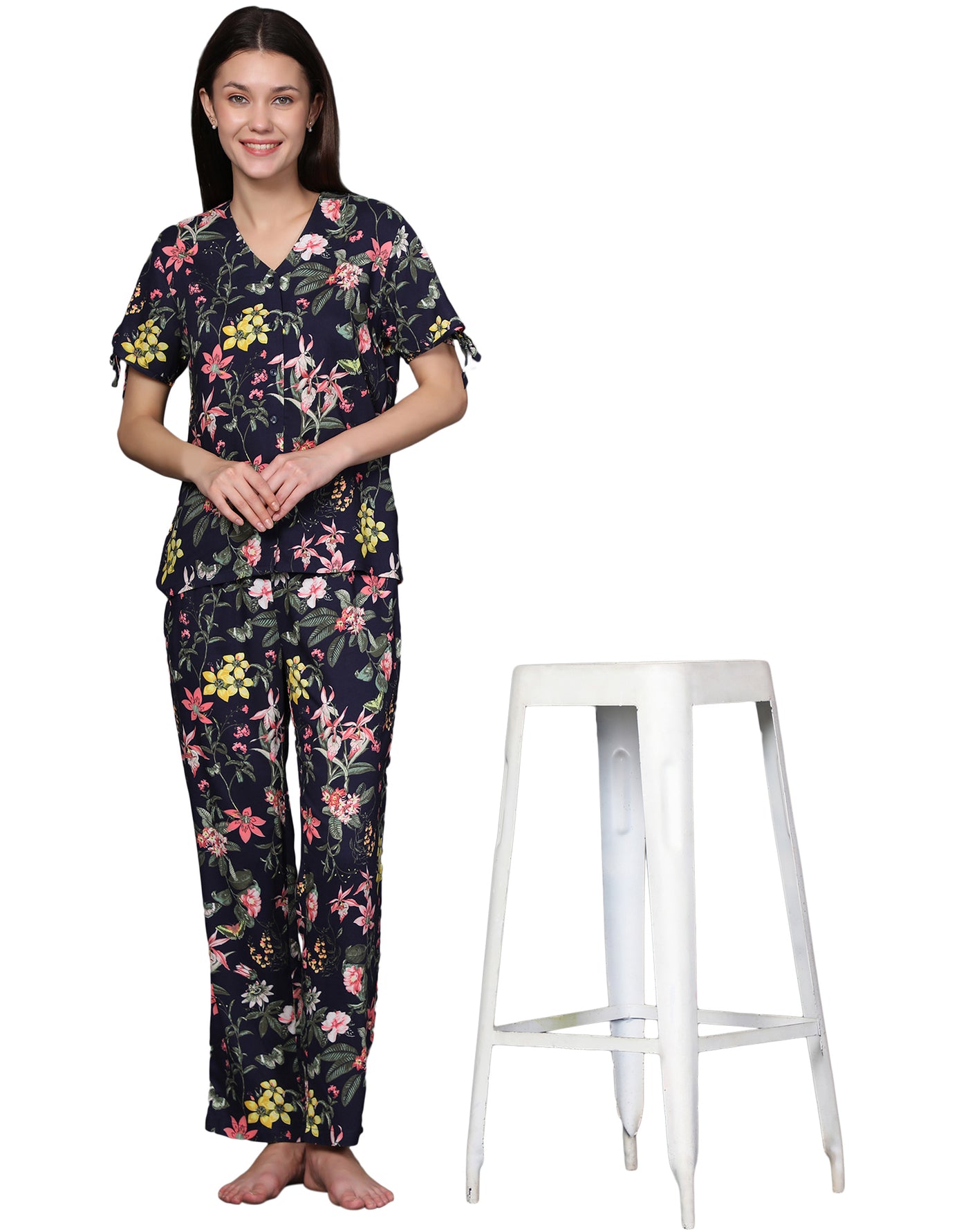 Night Suit Set for Women-Navy Butterfly Floral Print