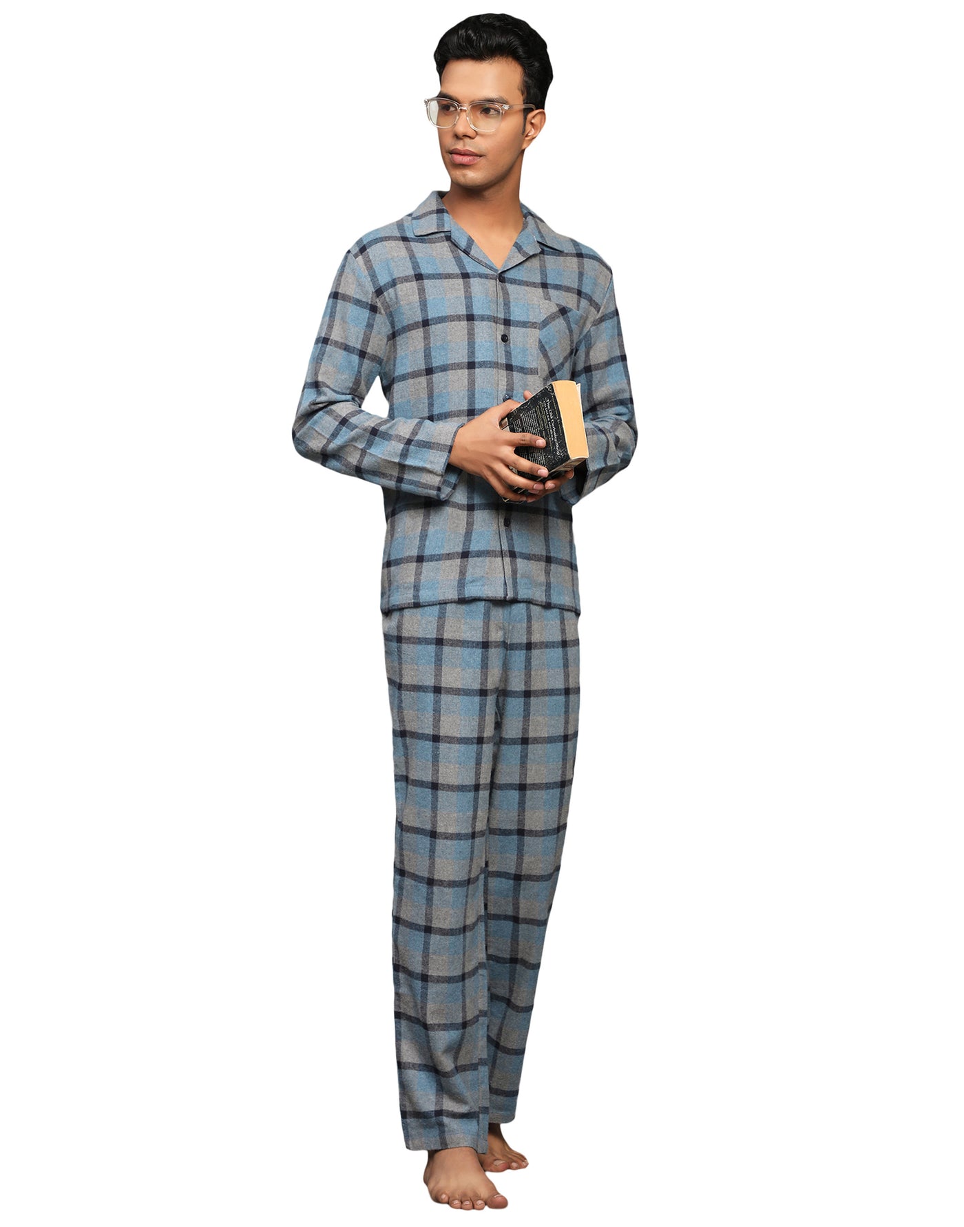Pyjama Set for Men-Grey and Blue Tartan Checks