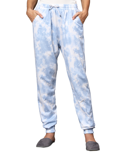Lounge Pant for Women-Blue Tye & Dye Cuff