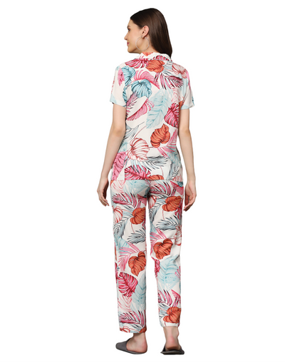 Night Suit Set for Women-Pink Tropical Leaf