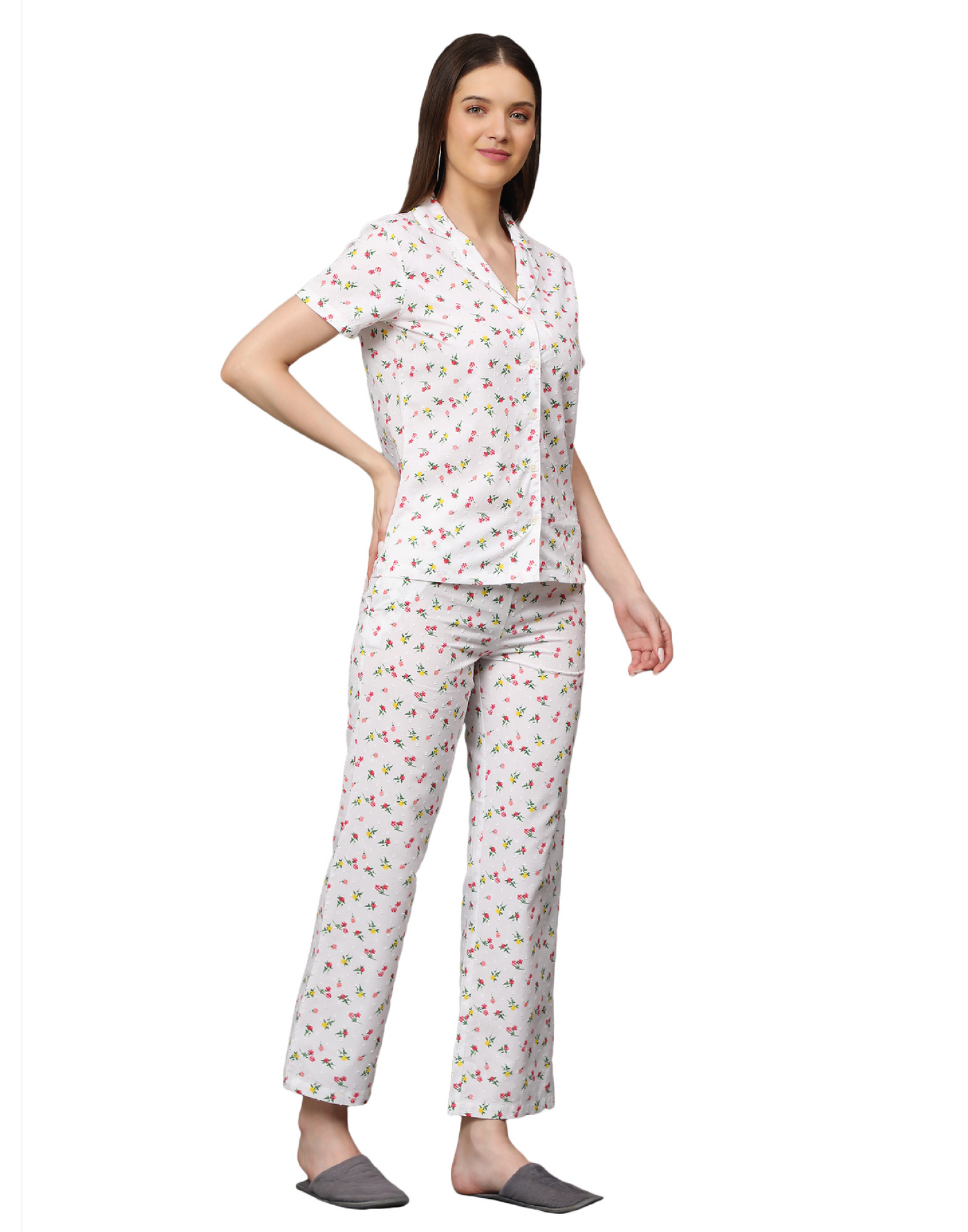 Night Suit Set for Women-White Disty