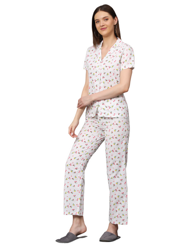 Night Suit Set for Women-White Disty