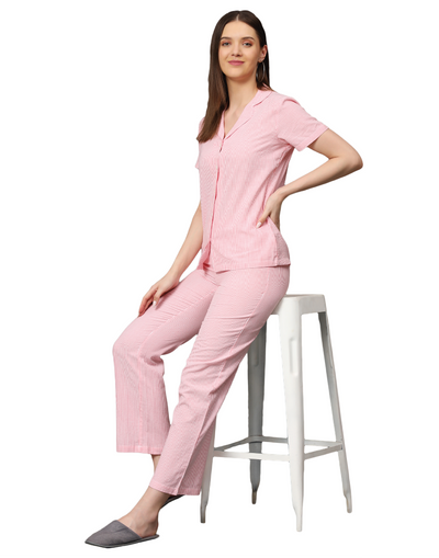 Night Suit Set for Women-Red Stripes