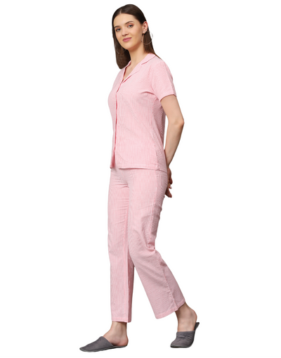Night Suit Set for Women-Red Stripes