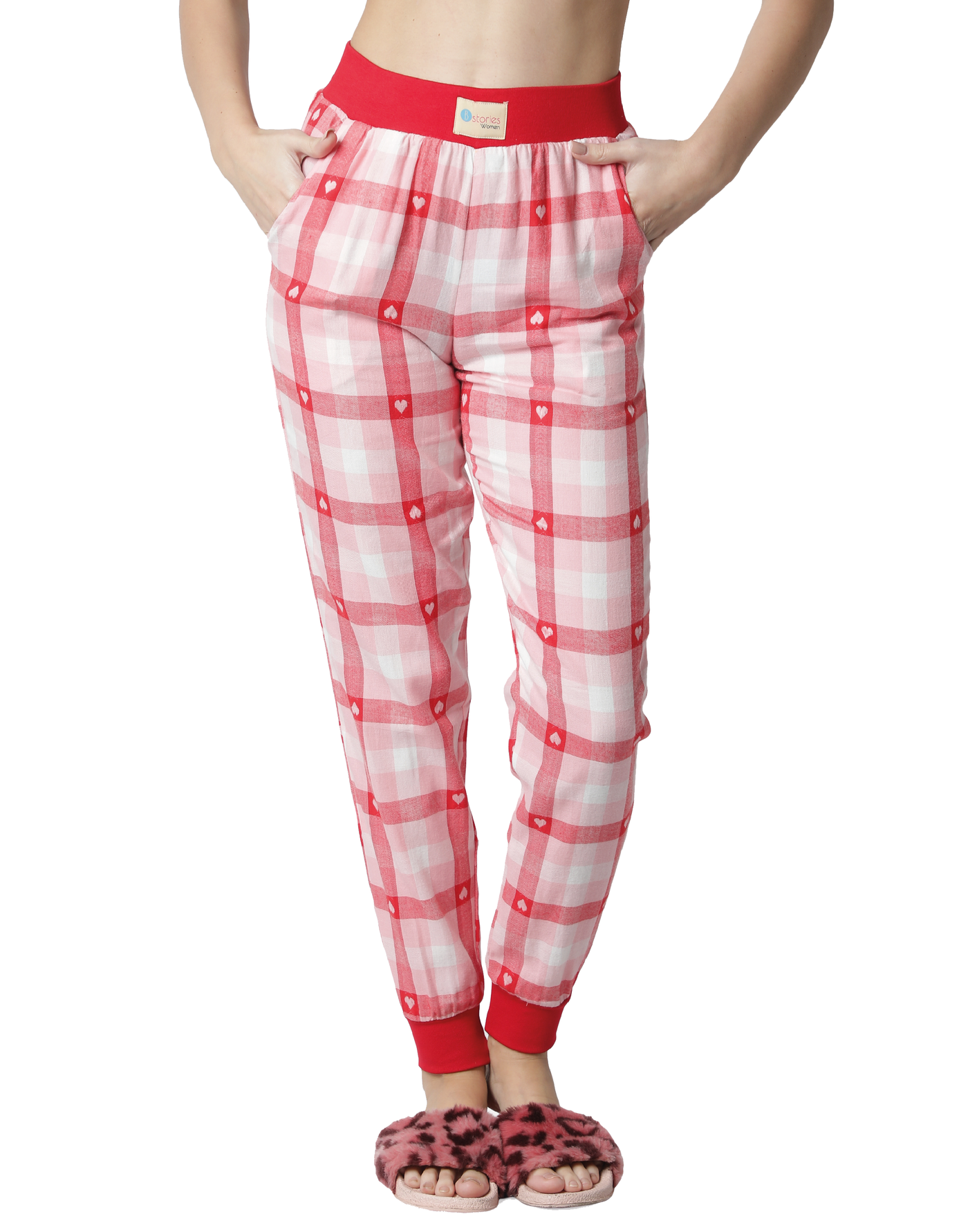 Lounge Pant for Women-Pink Heart Checked Jogger