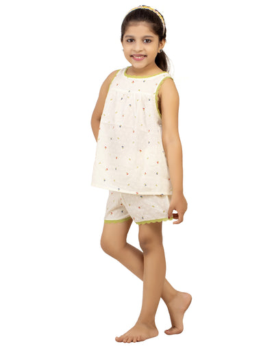 Night Suit Shorty Set for Girls-Yellow Lace