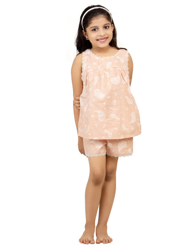 Night Suit Shorty Set for Girls-Peach Paisley